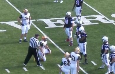 Center looks to not have mouth piece in…Umpire calls hold but is this the line judge’s call?